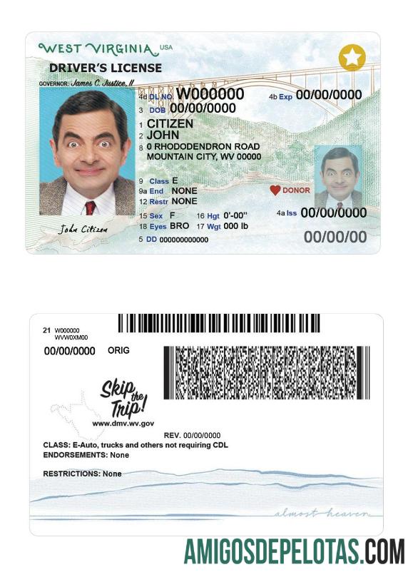 Licença atual para dirigir 2023 nos EUA, Virgínia Ocidental exemplo real